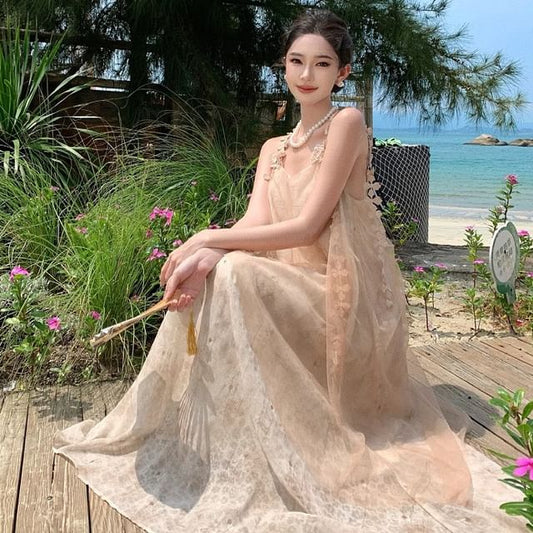 Lace Maxi A-Line Dress - Thin Strap