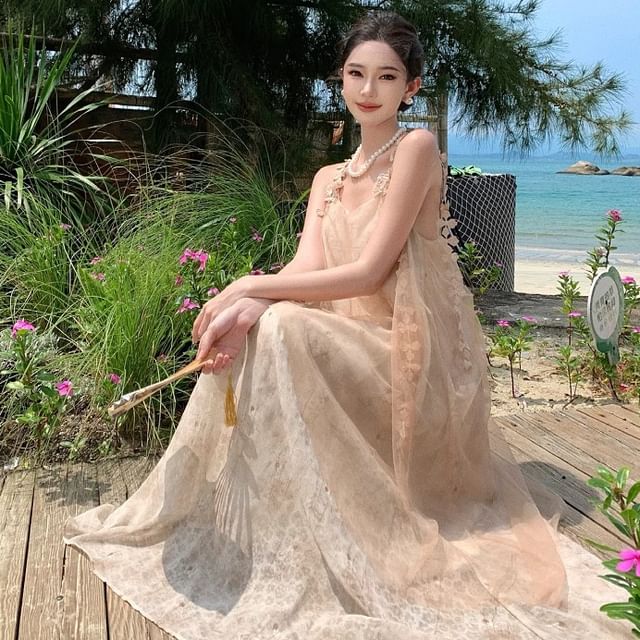 Lace Maxi A-Line Dress - Thin Strap
