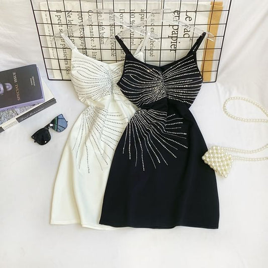 Rhinestone Mini A-Line Dress - Thin Strap