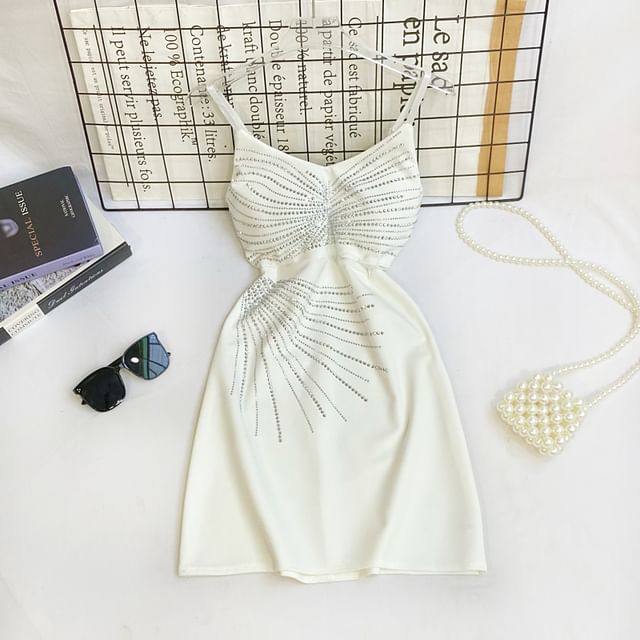 Rhinestone Mini A-Line Dress - Thin Strap