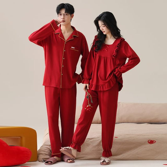 Couple Matching Pajama Set: Long Sleeve Top + Elastic Waist Straight Leg Pants (Various Designs)