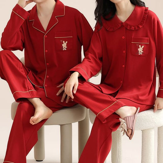 Couple Matching Pajama Set: Long Sleeve Collared Shirt + Elastic Waist Straight Leg Pants (Various Designs)