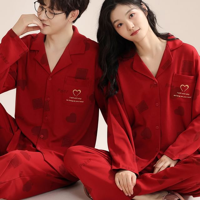 Couple Matching Pajama Set: Long Sleeve Collared Heart Print Shirt + Elastic Waist Straight Leg Pants (Various Designs)