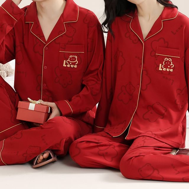 Couple Matching Pajama Set: Long Sleeve Collared Contrast Trim Cartoon Print Shirt + Elastic Waist Straight Leg Pants (Various Designs)