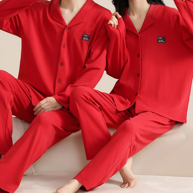 Couple Matching Pajama Set: Long Sleeve Collared Applique Shirt + Elastic Waist Straight Leg Pants (Various Designs)
