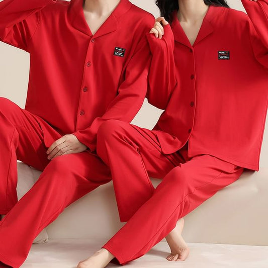 Couple Matching Pajama Set: Long Sleeve Collared Applique Shirt + Elastic Waist Straight Leg Pants (Various Designs)