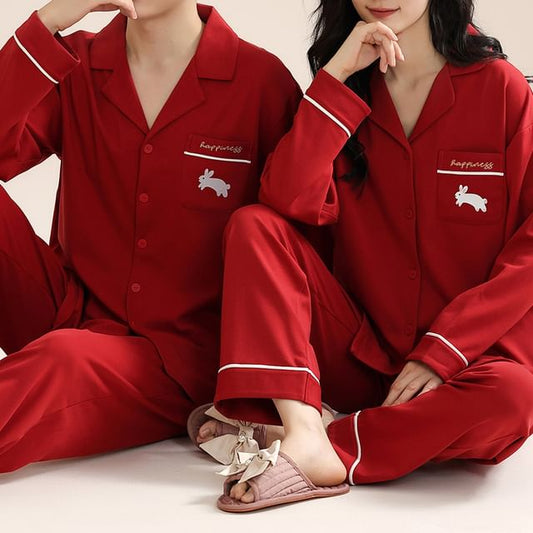 Couple Matching Pajama Set: Long Sleeve Collared Rabbit Print Shirt + Elastic Waist Straight Leg Pants (Various Designs)