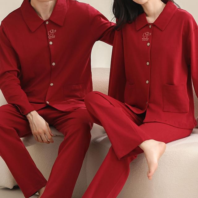 Couple Matching Pajama Set: Long Sleeve Collared Elephant Print Shirt + Elastic Waist Straight Leg Pants (Various Designs)