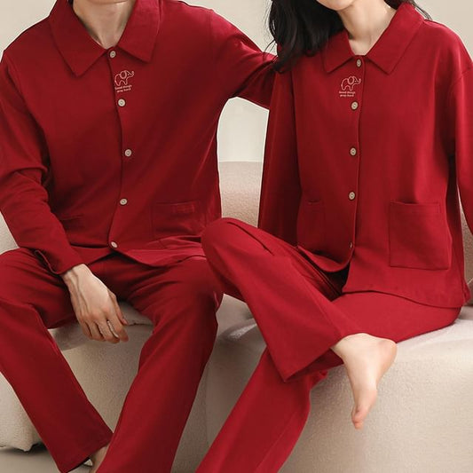 Couple Matching Pajama Set: Long Sleeve Collared Elephant Print Shirt + Elastic Waist Straight Leg Pants (Various Designs)