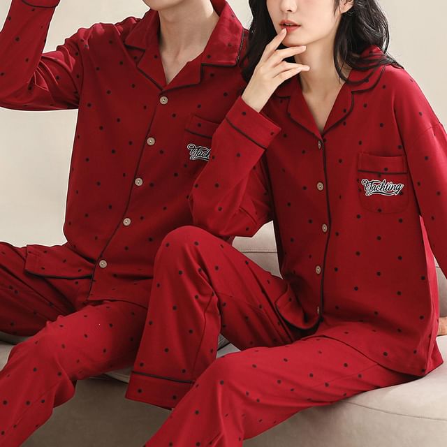 Couple Matching Pajama Set: Long Sleeve Collared Dotted Shirt + Elastic Waist Straight Leg Pants (Various Designs)