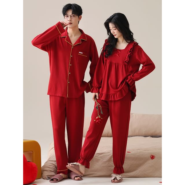 Couple Matching Pajama Set: Long Sleeve Top + Elastic Waist Straight Leg Pants (Various Designs)