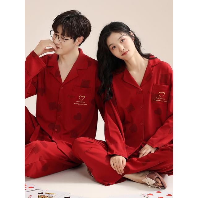 Couple Matching Pajama Set: Long Sleeve Collared Heart Print Shirt + Elastic Waist Straight Leg Pants (Various Designs)