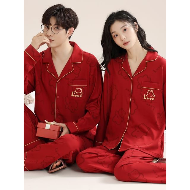 Couple Matching Pajama Set: Long Sleeve Collared Contrast Trim Cartoon Print Shirt + Elastic Waist Straight Leg Pants (Various Designs)