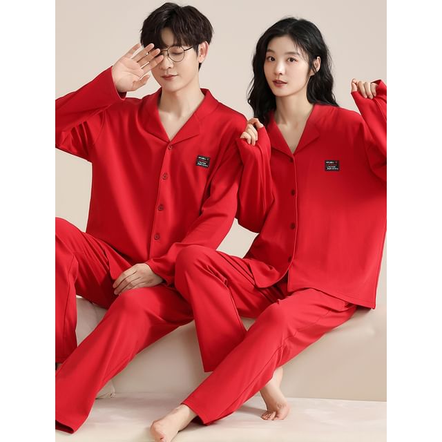 Couple Matching Pajama Set: Long Sleeve Collared Applique Shirt + Elastic Waist Straight Leg Pants (Various Designs)
