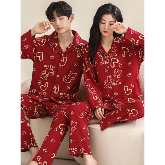 Couple Matching Pajama Set: Long Sleeve Collared Cartoon Print Shirt + Elastic Waist Straight Leg Pants (Various Designs)