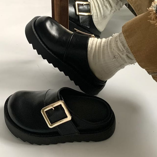 Platform Plain Buckled Faux Leather Mules