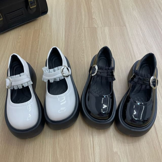 Platform Frill Trim Buckled Patent Leather Mary Jane Shoes