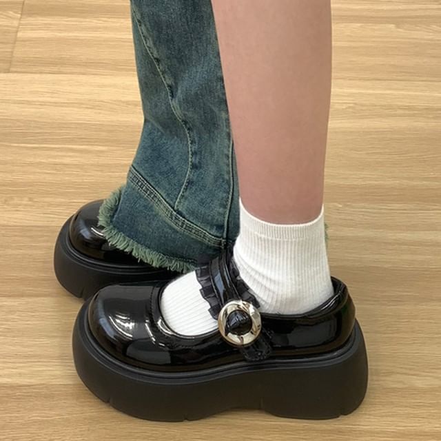 Platform Frill Trim Buckled Patent Leather Mary Jane Shoes