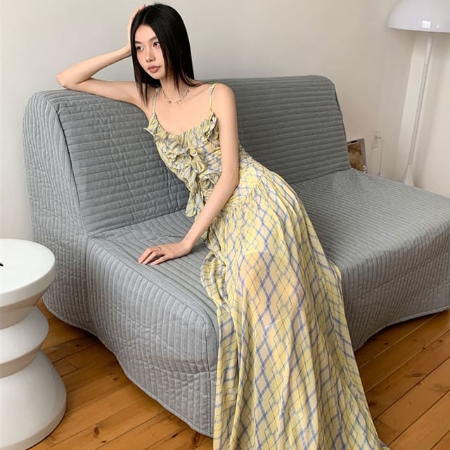 Argyle Ruffle Trim Maxi A-Line Sundress