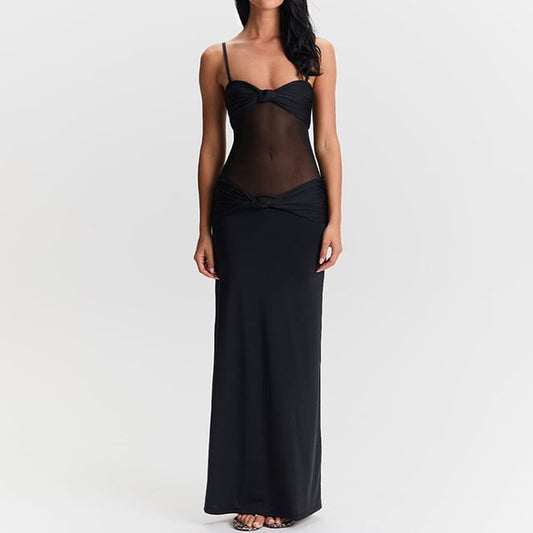 Mesh Panel Knot Maxi Bodycon Dress - Thin Strap