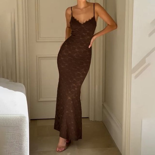 V-Neck Open Back Lace Maxi Mermaid Dress