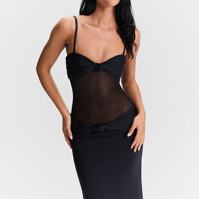 Mesh Panel Knot Maxi Bodycon Dress - Thin Strap