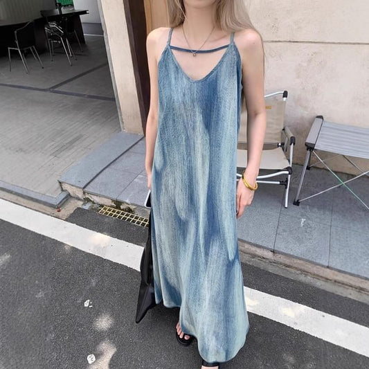 V-Neck Tie Dye Maxi A-Line Spaghetti Strap Dress