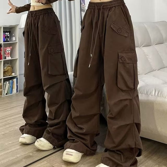 Drawstring Waist Plain Ruched Baggy Cargo Pants