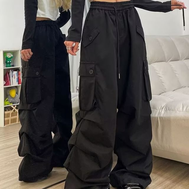 Drawstring Waist Plain Ruched Baggy Cargo Pants