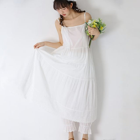 Lace Trimmed Maxi A-Line Dress - Thin Strap