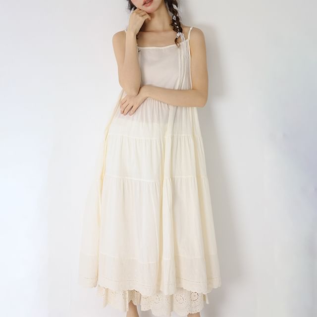 Lace Trimmed Maxi A-Line Dress - Thin Strap