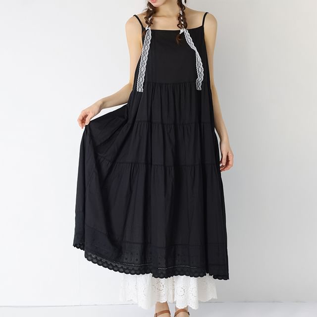 Lace Trimmed Maxi A-Line Dress - Thin Strap