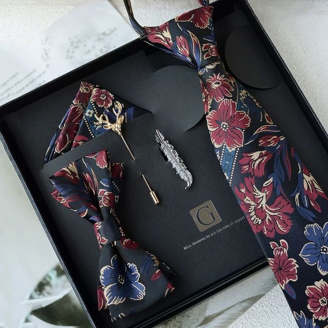 Set: Striped Tie + Tie Clip + Lapel Pin + Pocket Square