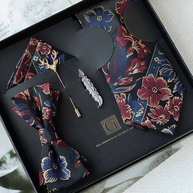 Set: Striped Tie + Tie Clip + Lapel Pin + Pocket Square