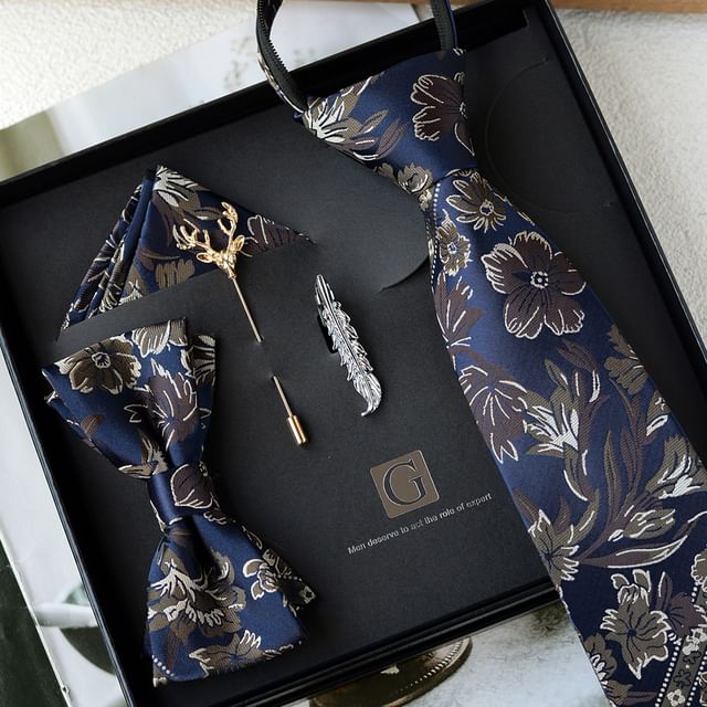 Set: Striped Tie + Tie Clip + Lapel Pin + Pocket Square