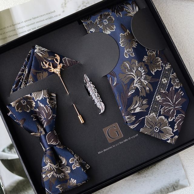 Set: Striped Tie + Tie Clip + Lapel Pin + Pocket Square