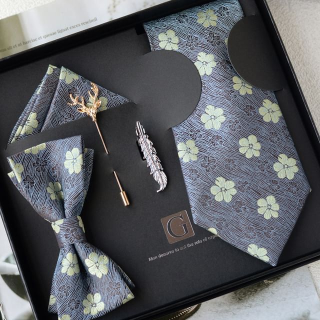 Set: Striped Tie + Tie Clip + Lapel Pin + Pocket Square