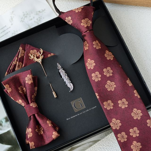 Set: Striped Tie + Tie Clip + Lapel Pin + Pocket Square