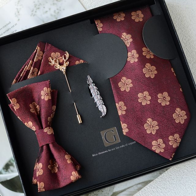 Set: Striped Tie + Tie Clip + Lapel Pin + Pocket Square