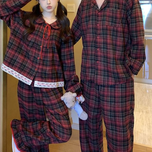 Couple Matching Long-Sleeve Plaid Pajama Shirt / Pants / Lace Trim Bow Shirt / Set