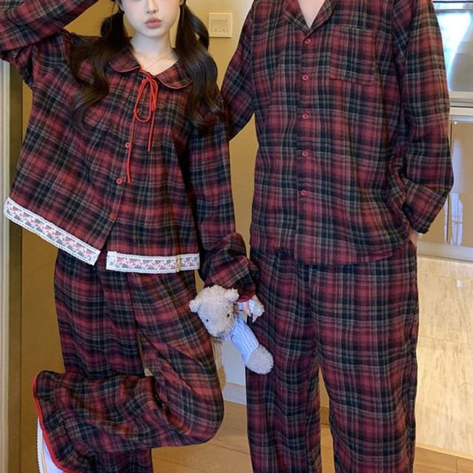 Couple Matching Long-Sleeve Plaid Pajama Shirt / Pants / Lace Trim Bow Shirt / Set