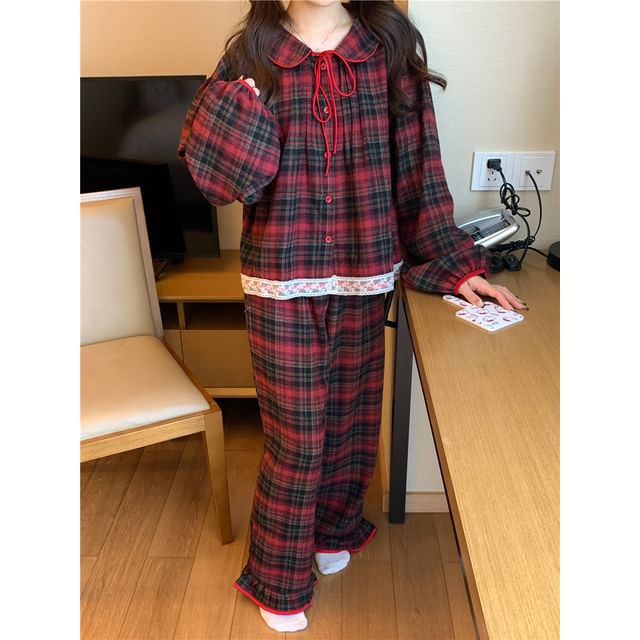 Couple Matching Long-Sleeve Plaid Pajama Shirt / Pants / Lace Trim Bow Shirt / Set