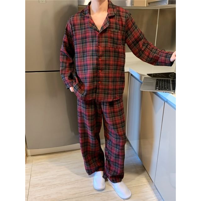 Couple Matching Long-Sleeve Plaid Pajama Shirt / Pants / Lace Trim Bow Shirt / Set