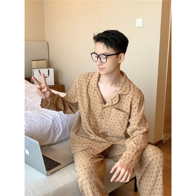 Couple Matching Dotted Pajama Shirt / Long-Sleeve Lace Trim Top / Pants / Set
