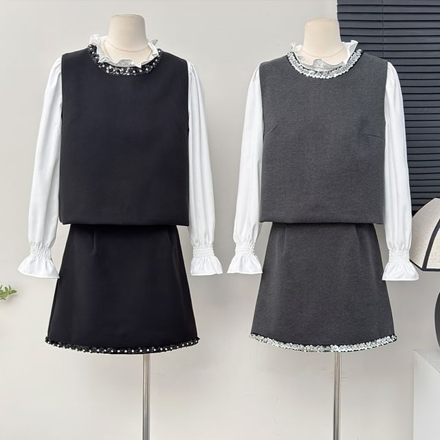 Ruffled Hem Top with Sequin Trim Vest and Mini Flared Skirt Set