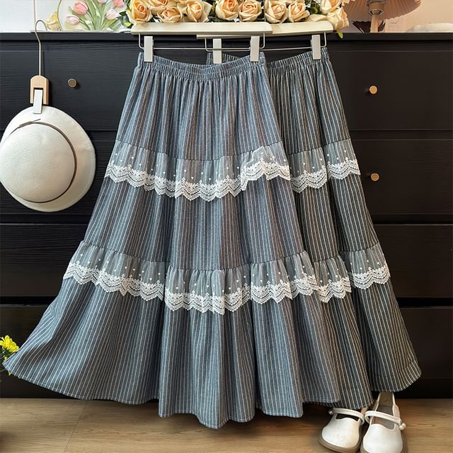 Chalk Stripe Lace Accent Flared Midi Skirt