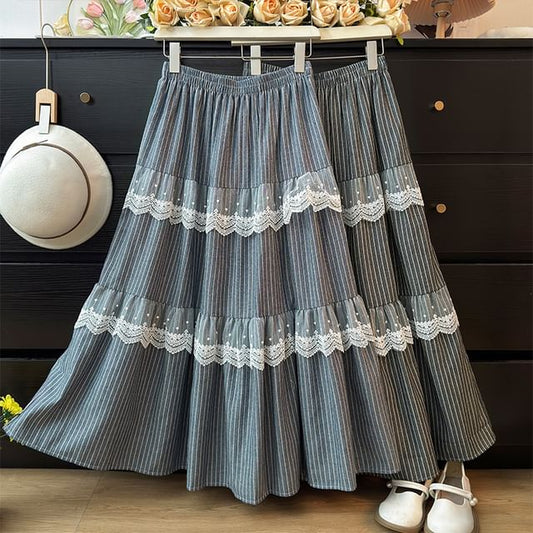 Chalk Stripe Lace Accent Flared Midi Skirt