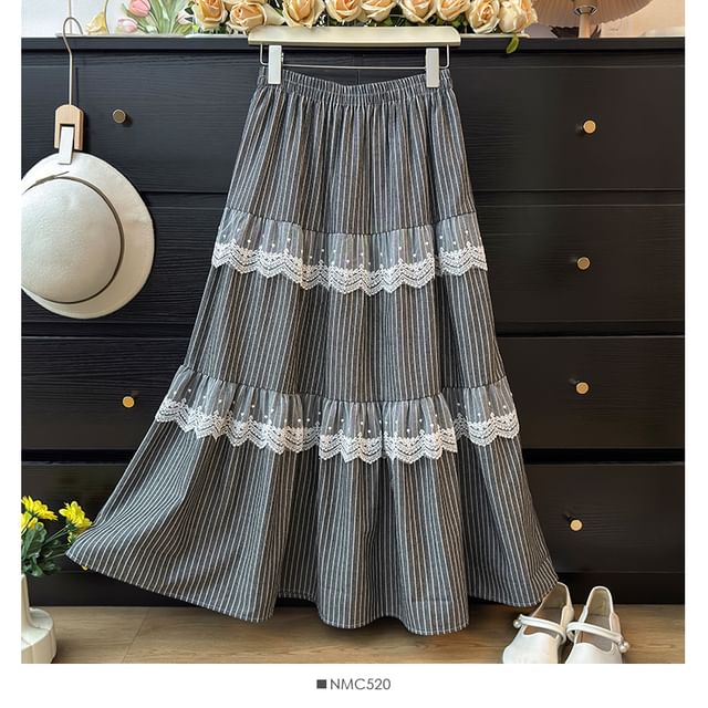 Chalk Stripe Lace Accent Flared Midi Skirt