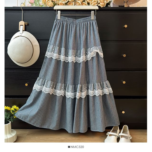 Chalk Stripe Lace Accent Flared Midi Skirt