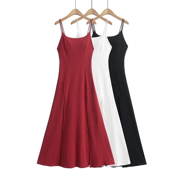 Plain Padded Slit Maxi A-Line Spaghetti Strap Dress